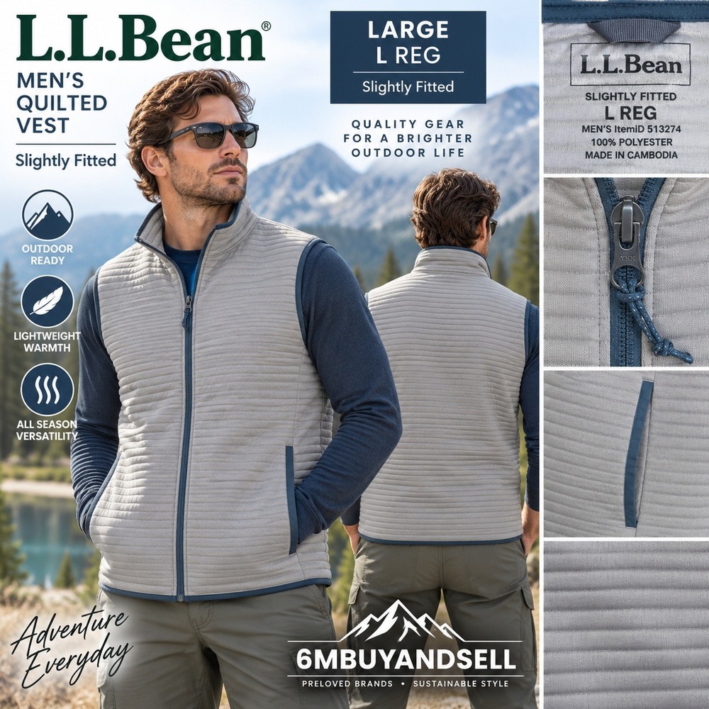 LL Bean Mens Gray Quilted Full Zip Vest Slightly Fitted L Reg 513274